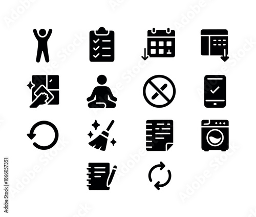 Minimalist Icons Grid. Minimalist routines. Solid icon set of Minimalist routines: morning stretch, habit tracker, declutter schedule, tidy session, evening