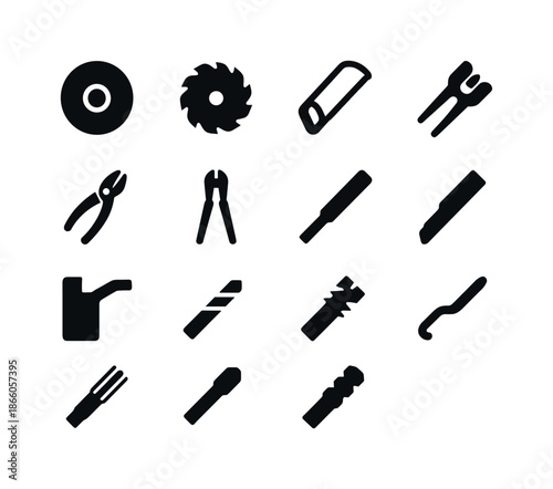 Metal Cutting Tools. Metal cutting tools. Solid icon set of Metal cutting tools: angle grinder disc, metal saw blade, hacksaw, snips, bolt cutter, metal file,