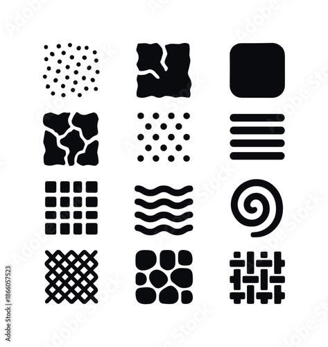 Black Texture Icons. Texture. Solid icon set of texture: grain, rough surface, smooth surface, cracked pattern, dotted texture, striped texture, grid texture,