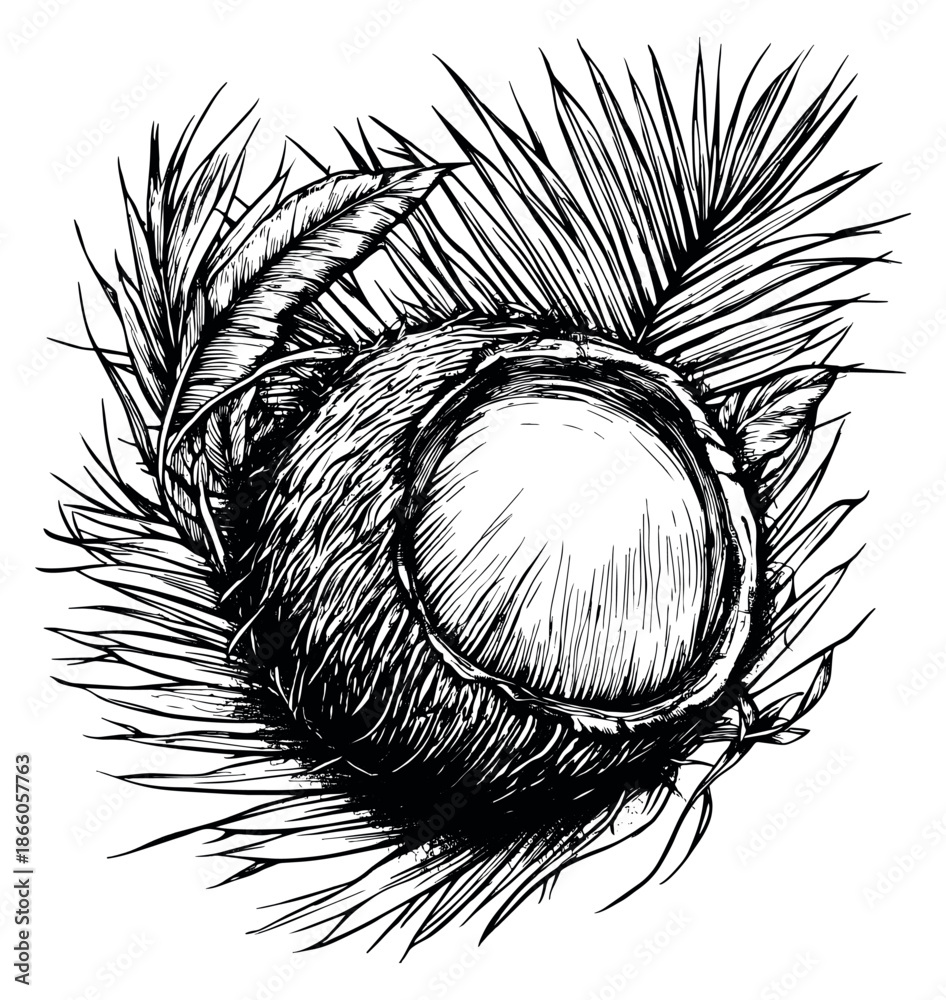 Obraz premium Hand drawn line art illustration of coconut with palm leaves depicting a tropical fruit for healthy food and drink designs