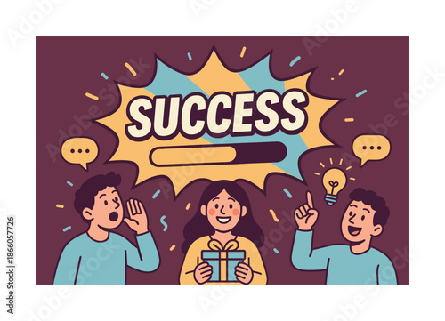 Celebratory Success Banner. Success bar filling banner, flat vector illustration, bold oversized text inside comic burst, cartoon characters shouting and