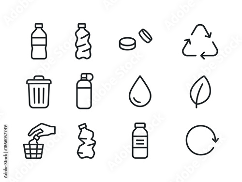 Water Bottle Icons. Used Water Bottle. Line icon set of Used Water Bottle: plastic bottle, crumpled bottle, cap, recycling symbol, trash bin, reusable bottle,