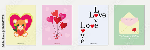 Set of four romantic Valentine's Day greeting cards featuring an adorable teddy bear, heart-shaped balloons and love letters. Vector illustration