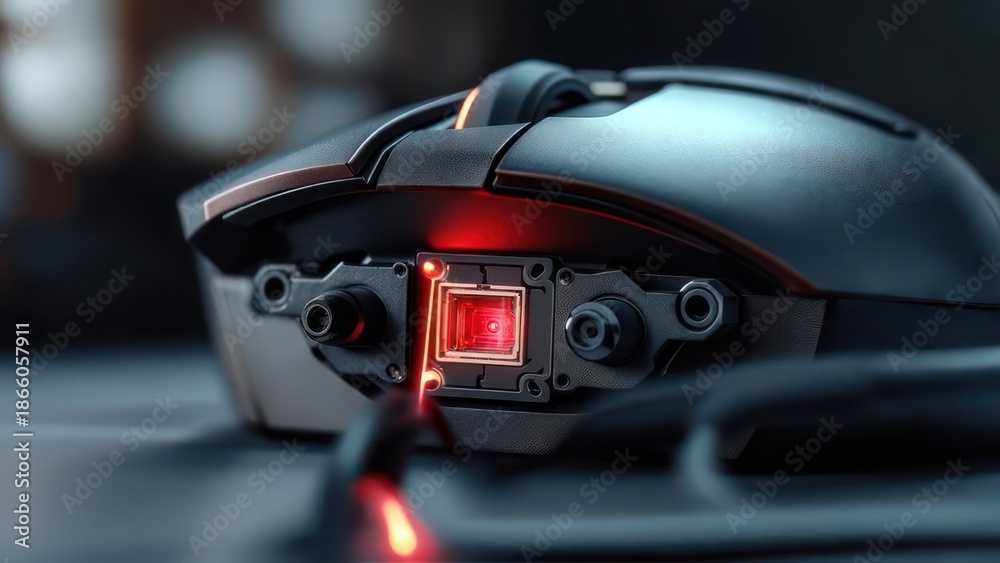 Fototapeta premium Close-up of a high-performance gaming mouse with its internal components and red light visible.