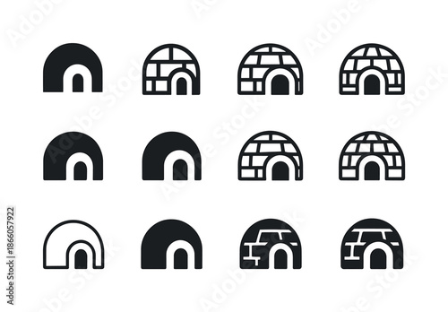 Arctic Logo Variations. Arctic. Icon set. Set Logo of Arctic: igloo with arched entrance. harmonious logo variations of the same emblematic concept, each with