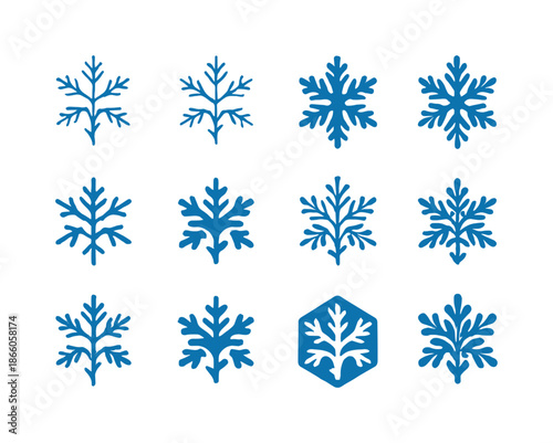 Snowflake Logo Collection. winter snowflakes. Icon set. Set Logo of winter snowflakes: frosty branch pattern. harmonious logo variations of the same emblematic