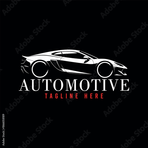 Luxury Sports Car Logo Design Template on Black Background.