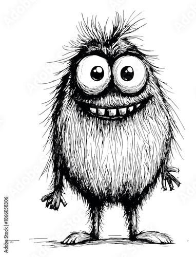 Hand drawn line art illustration of a funny furry monster depicting a happy expression for children's designs