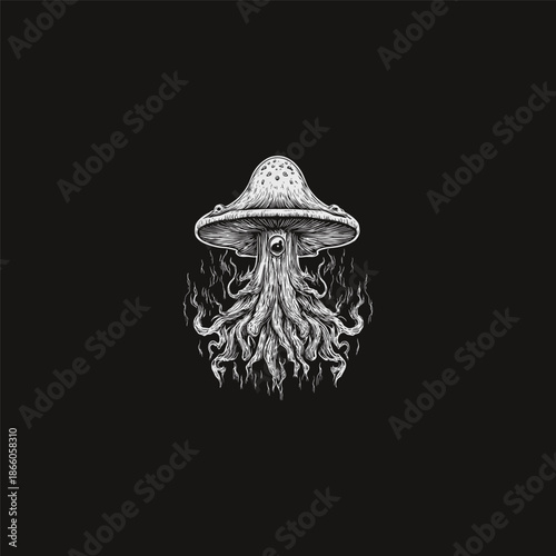Surreal vintage engraving of a mystical mushroom creature with tentacles and glowing eyes.