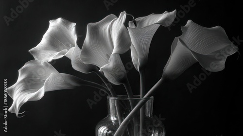 Graceful calla lilies in a glass vase stand out against a dark background