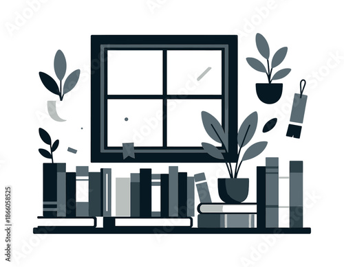 Bookshelf by the Window. Stacked window shelves. Books line the windowsill beneath a square modern window, plants and bookmarks floating in gentle balance.