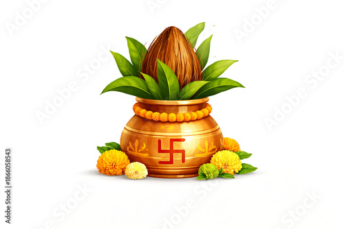 Traditional Hindu Kalash with Coconut, Mango Leaves and Sacred Swastik Symbol