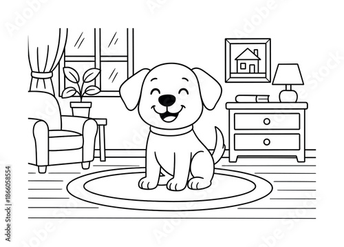 Happy Dog Coloring. Happy pet in new room children?s coloring book illustration, outlined drawing, smiling cartoon dog sitting on a rug in a freshly arranged