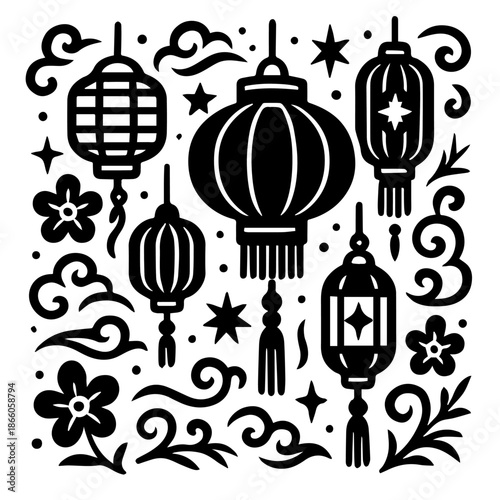 Black and White Festival Lantern Pattern Illustration