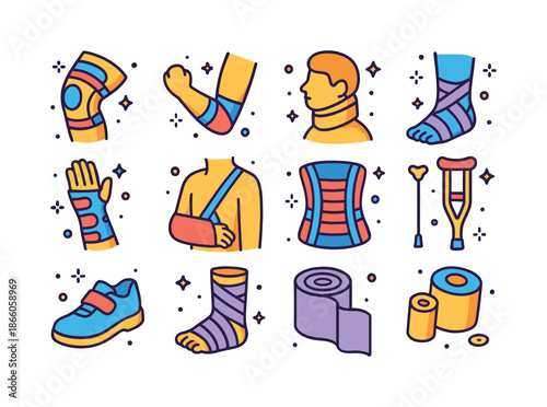 Orthopedic Icon Collection. Orthopedic support. Colorful isometric vector icons set of orthopedic support: knee brace, elbow support, neck collar, ankle wrap,