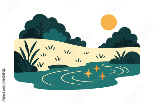 Sunlit Stream Glade. Glade by the stream. Water glides past a sunlit clearing, ripples forming gentle arcs. Floating spark shapes mimic shimmering reflections.