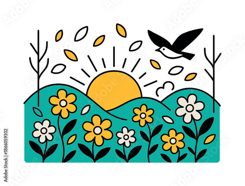 Spring Hill Blossoms. Spring Hill Awakening. Soft rolling hills burst with blooming flowers and floating petal shapes, as a warm sun rises behind. Minimal