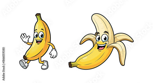 Cartoon bananas with smiling faces and anthropomorphic features.