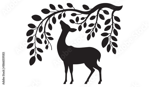 Deer silhouette looking up at a leafy branch vector illustration symbolizing nature wildlife and tranquility