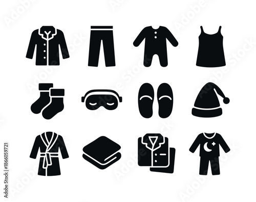 Sleepwear Icons Collection. Sleepwear. Solid icon set of sleepwear: pajama top, pajama pants, onesie icon, nightgown, cozy socks, sleep mask, slippers,