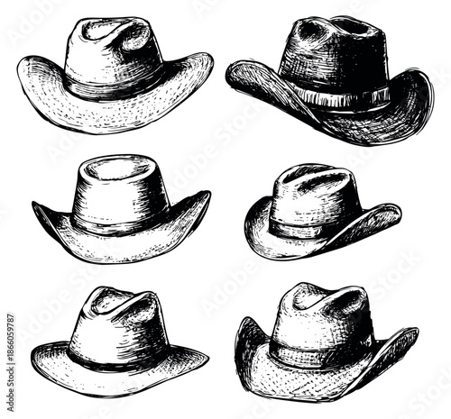 Hand drawn line art cowboy hat set featuring various western style hats for vintage design elements