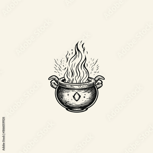 Vintage hand drawn engraving of a magical cauldron with mystical flames rising from it.
