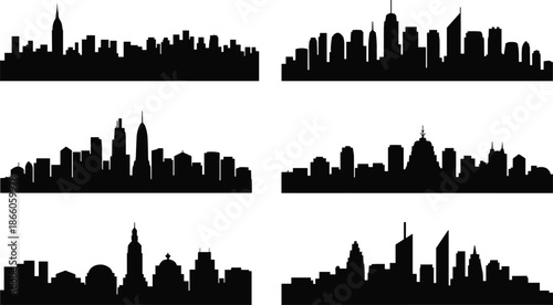 City skyline silhouette collection with modern skyscrapers and famous landmarks, black vector cityscape illustration isolated on white for travel, business branding, websites, posters, apps