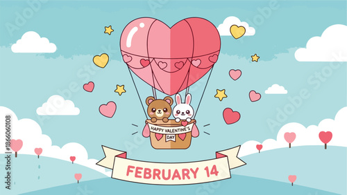 Cute Cat and Bear in Heart-Shaped Hot Air Balloon over a Pastoral Spring Landscape for Valentine's Day