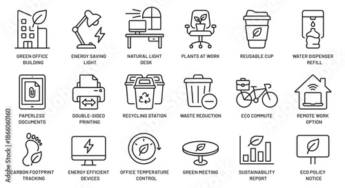 Modern line icon collection for green office, including water dispenser refills, carbon footprint tracking, energy‑efficient devices, waste reduction and sustainable workplace practices
