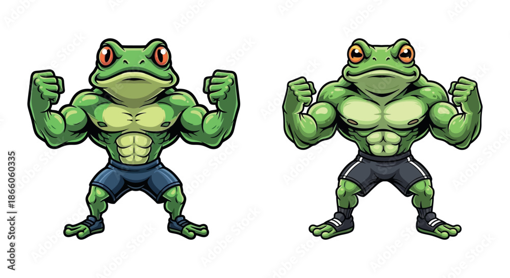 Fototapeta premium Two cartoon frogs flexing their muscles in a strong pose.