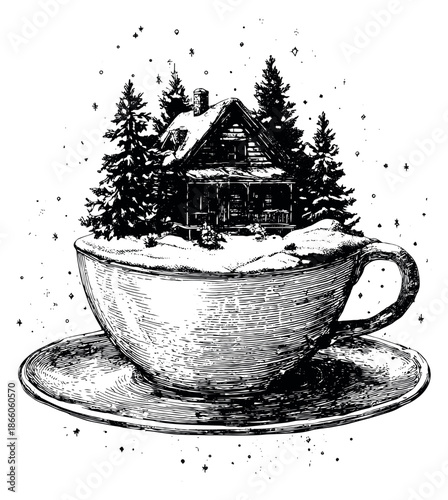 Hand drawn illustration of a winter house in a teacup depicting a cozy snowy scene for christmas and holiday designs