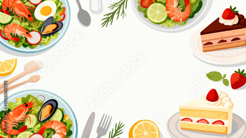Illustration of seafood salads and desserts