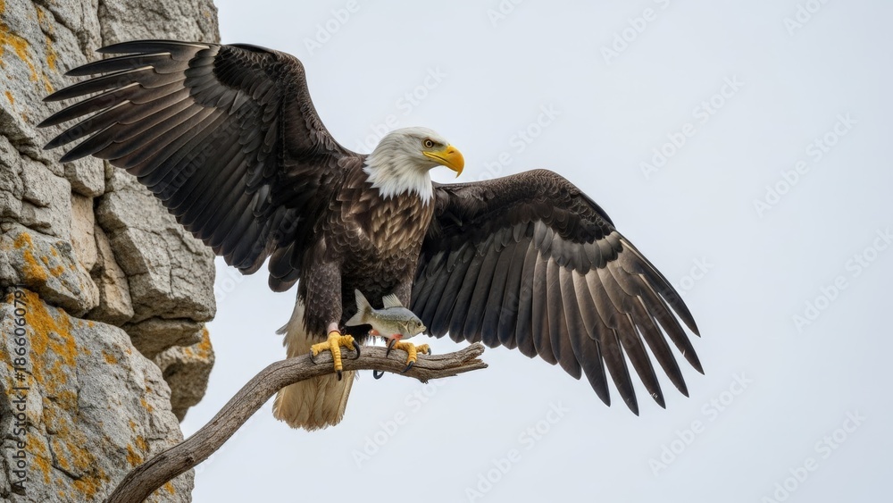 Fototapeta premium Bald Eagle Gripping a Fish While Perched on a Branch