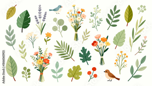 Illustrated floral and bird elements