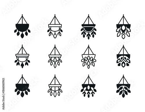 Balcony Plant Logos. Arranging Plants on a Balcony. Icon set. Set Logo of Arranging Plants on a Balcony: hanging planter with cascading leaves. harmonious logo
