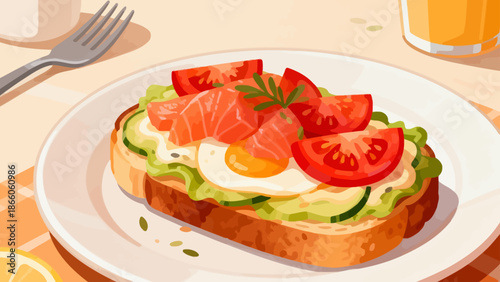 Toast with egg tomato avocado and salmon