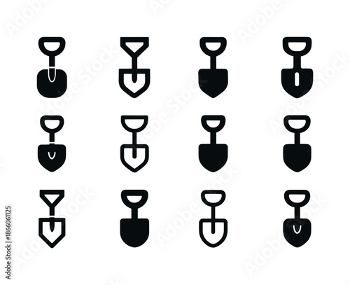Sandbox Shovel Icons. Sandbox shovel. Icon set. Set Logo of sandbox shovel: kid?s shovel profile. harmonious logo variations of the same emblematic concept,