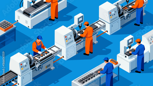 Factory workers operating machinery