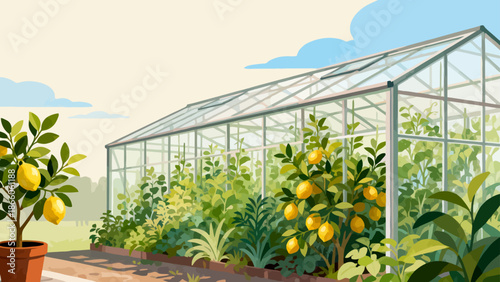 Greenhouse with lemon trees and plants