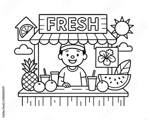 Tropical Refreshment Stand. Tropical refreshment stand children?s coloring book illustration, outlined drawing, a smiling vendor at a simple stand with fruits,