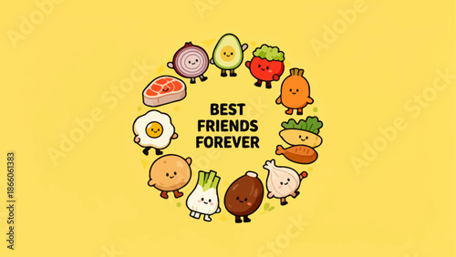 Cartoon food characters in circle