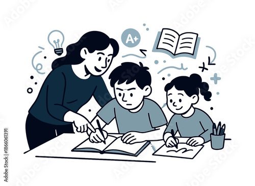 Homework Harmony. Homework helpers. A child concentrates on homework at the table while a parent offers guidance and a sibling colors beside them. Symbols of