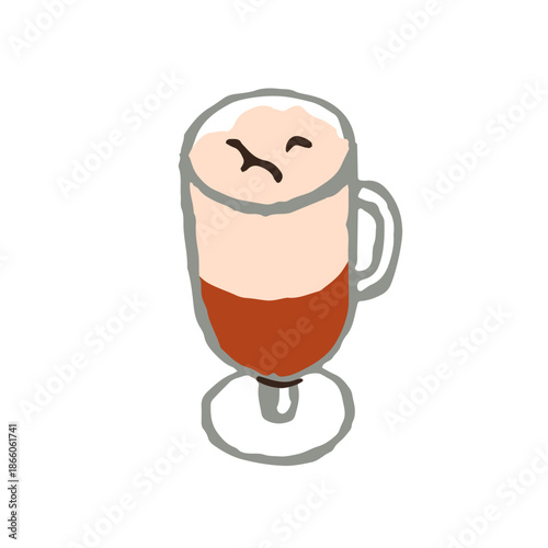 Irish coffee in glass mug. Layered hot drink with whiskey and cream foam. Sweet alcohol cocktail, warm beverage in whimsical hand-drawn style. Flat vector illustration isolated on white background