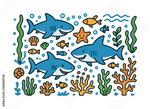 Colorful Shark Haven. Shark Habitat. Colorful Hand-drawn doodle Children illustration sharks, seaweed, coral, shells, bubbles, waves, fish, water lines, fins,