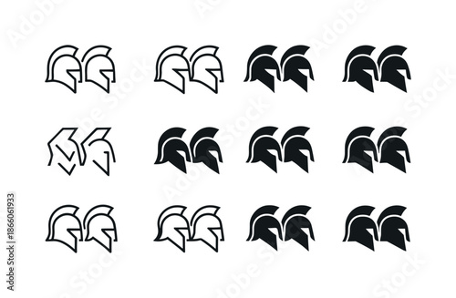 Honor Guard Icons. Honor guard line. Icon set. Set Logo of honor guard line: row of helmets. harmonious logo variations of the same emblematic concept, each