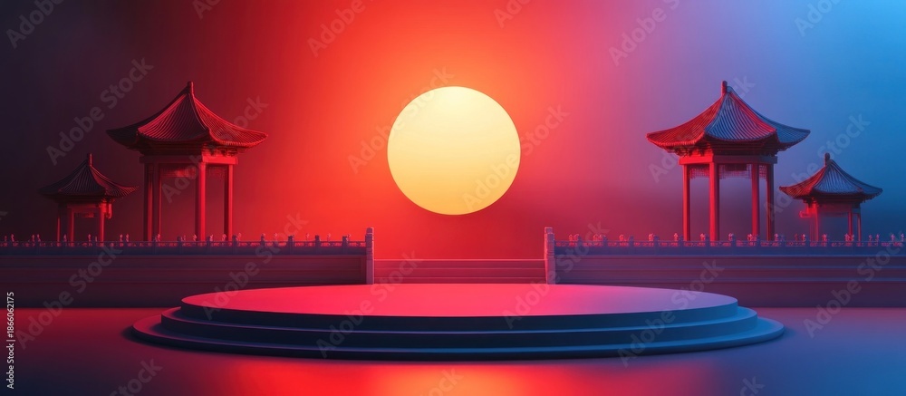 custom made wallpaper toronto digitalChinese Architecture Illuminated by a Full Moon in a Radiant Red and Blue Ambiance