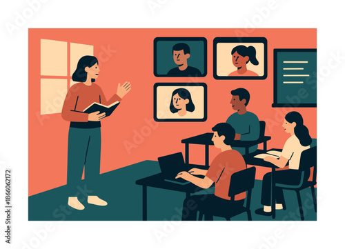 Hybrid Classroom Interface. Hybrid teaching. A teacher stands in a real room while half the students appear as floating screens beside desks, bridging physical
