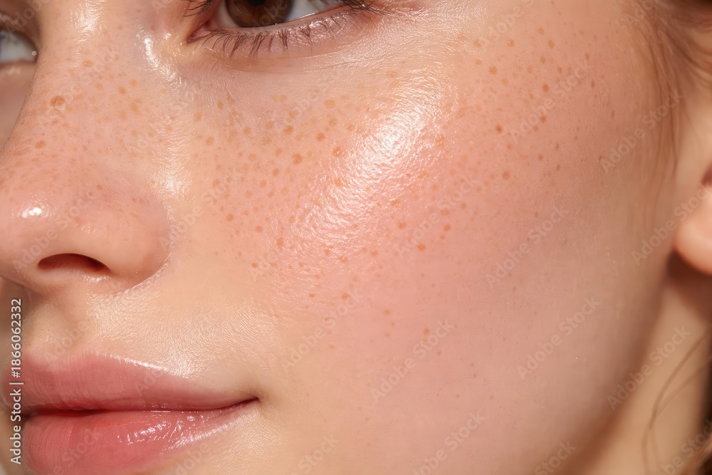 Fototapeta premium Close view of skin texture with visible freckles enhanced by acid lightening and brightening care