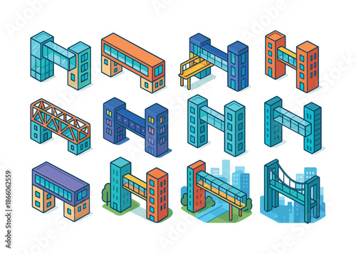 Colorful Skybridge Icons. Skybridge. Colorful isometric vector icons set of skybridge: glass skybridge, enclosed walkway, elevated pedestrian bridge,