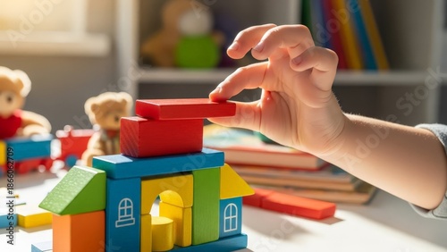 Wallpaper Mural Child's hand building with colorful wooden blocks Torontodigital.ca